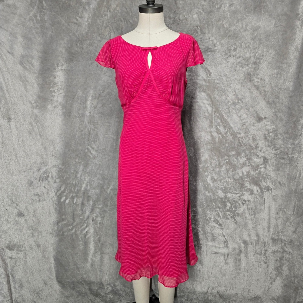 AnnTaylor Dress Women 6 Pink Polka Dot Silk Flutter Midi Keyhole Babydoll Dainty